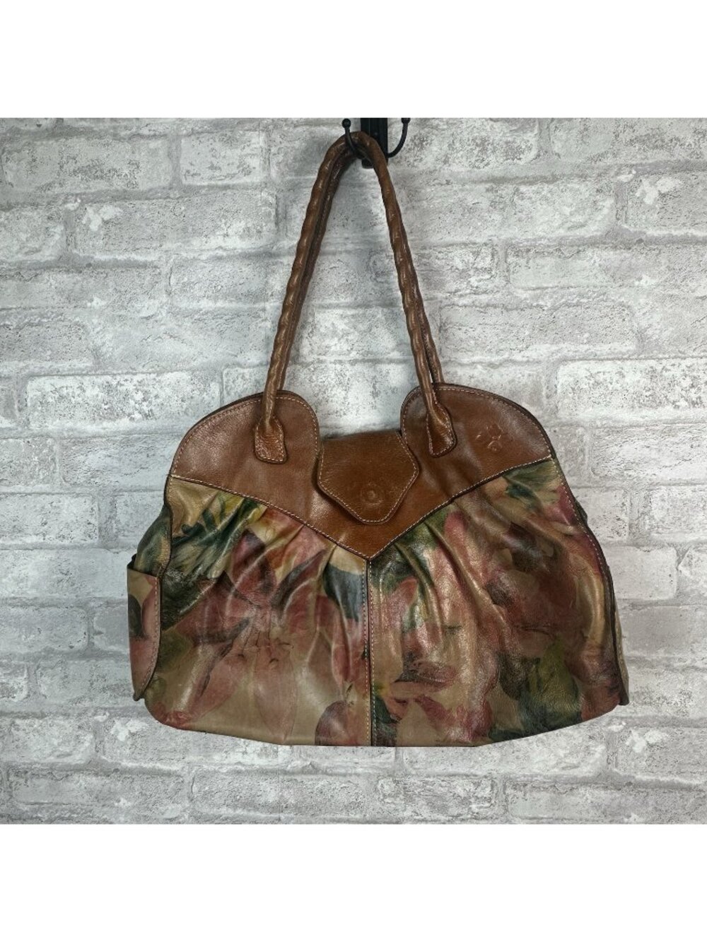 Patricia Nash Heritage Crackle Leather Floral Print Lione Twisted Handle Purse